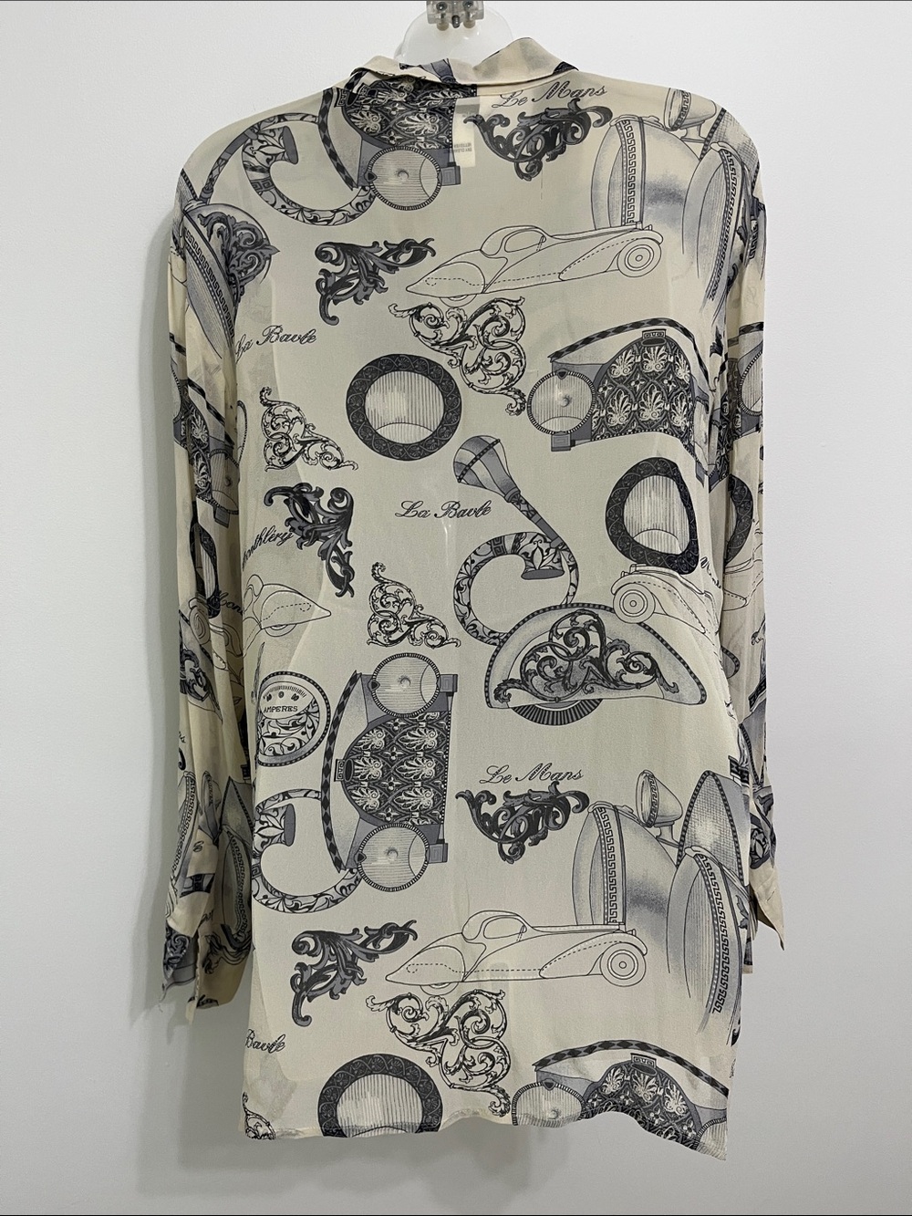 Women's Cream Silk Racing Patterned Button-Up Blouse - Picture 5 of 9